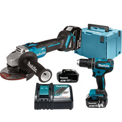 Combokit DLX2334J Аккумуляторный ударный шуруповерт Makita DHP485Z и угловая шлифовальная машина DGA504Z, 18 В, 3 x 3 Ач, зарядное устройство + сумка для переноски цена и информация | Шуруповерты, дрели | kaup24.ee