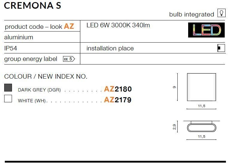 Azzardo seina välisvalgusti Cremona S AZ2180 hind ja info | Aia- ja õuevalgustid | kaup24.ee