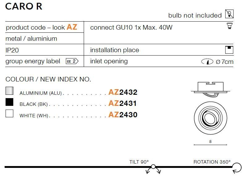 Azzardo sisseehitatud valgusti Caro R AZ2431 hind ja info | Süvistatavad ja LED valgustid | kaup24.ee