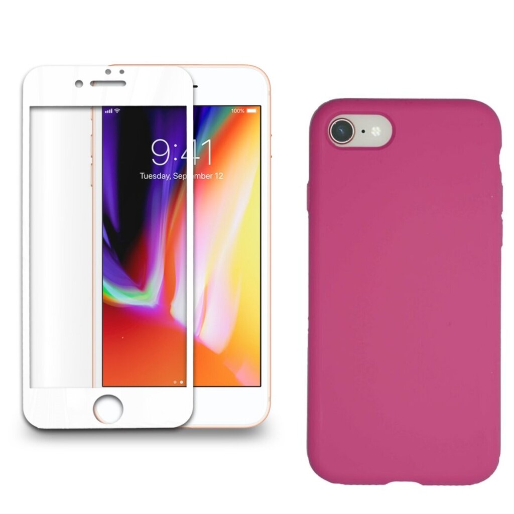 Full protection Set - silikoonist ümbris roosa (magenta) + ekraani kaitseklaas telefonile iPhone 7/8, valge hind ja info | Ekraani kaitsekiled | kaup24.ee