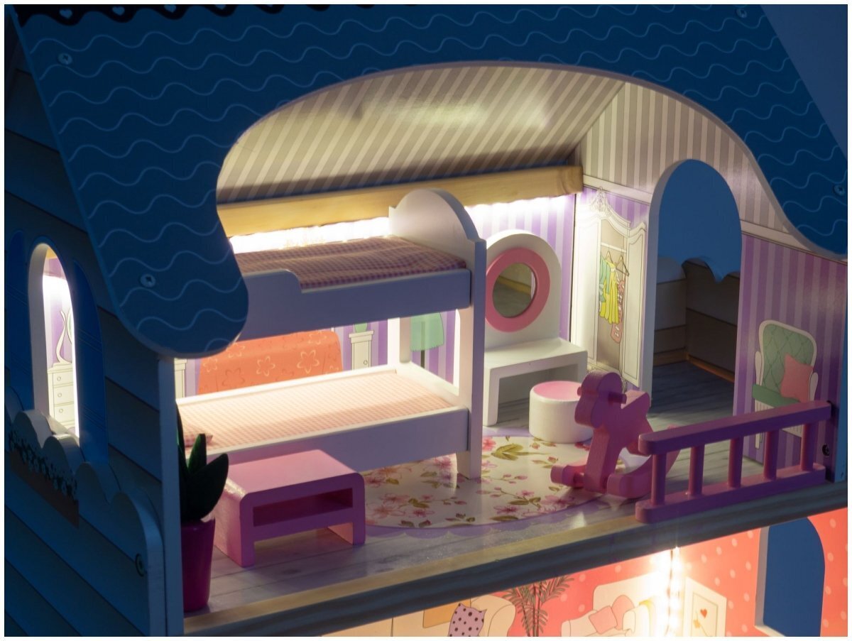Suur puidust 3-korruseline nukumaja terrassi, mööblikomplekti ja LED valgustusega! hind ja info | Tüdrukute mänguasjad | kaup24.ee