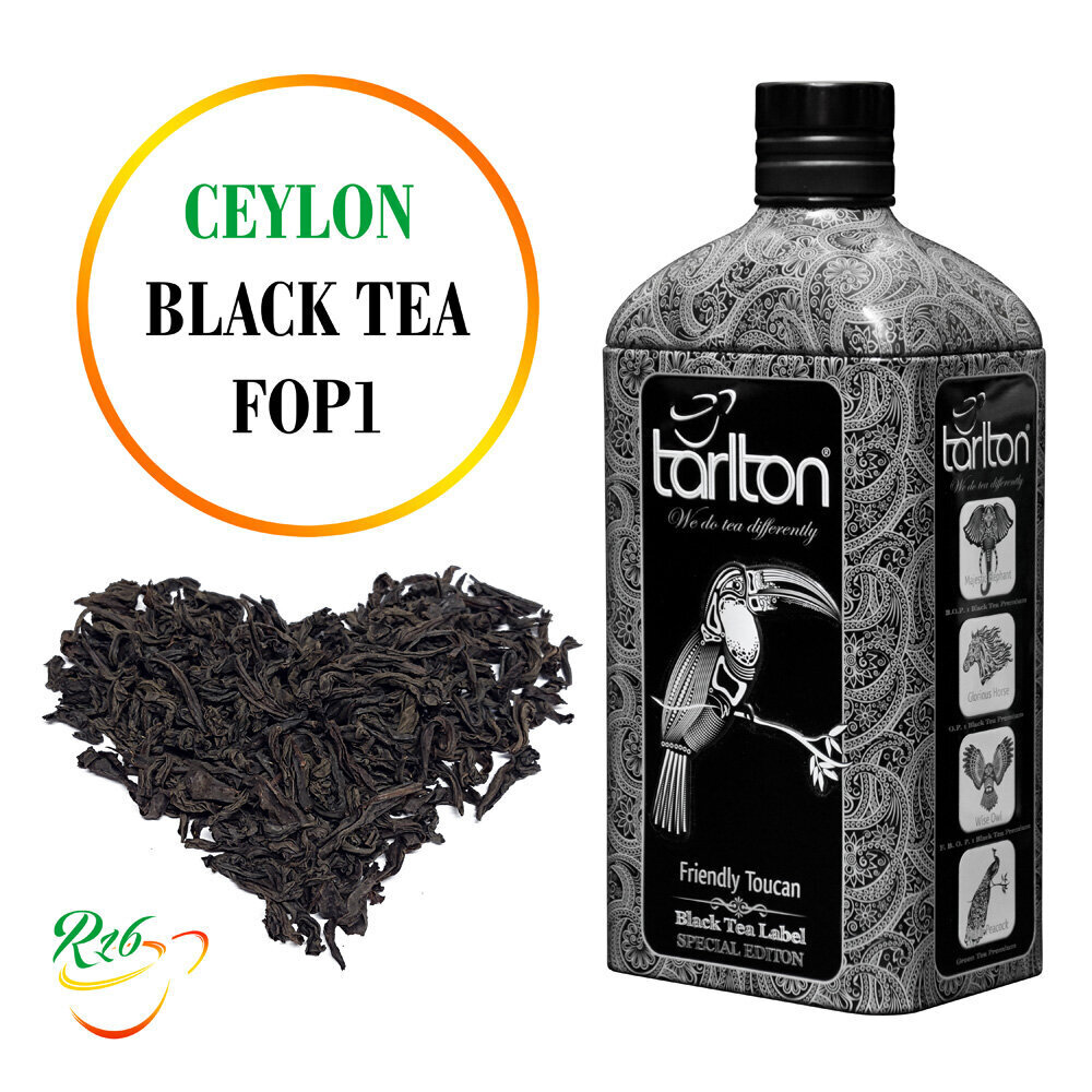 Tseiloni must suure lehega tee Fop1 Friendly Toucan, elegantses metall pudelis, Pure Ceylon Black tea Fop1, Tarlton, 150 g цена и информация | Tee | kaup24.ee