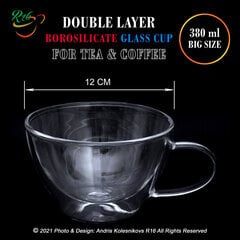 Suur topeltklaasist kruus tee ja kohvi jaoks, Double Layer Borosilicate, 380 ml. цена и информация | Стаканы, фужеры, кувшины | kaup24.ee