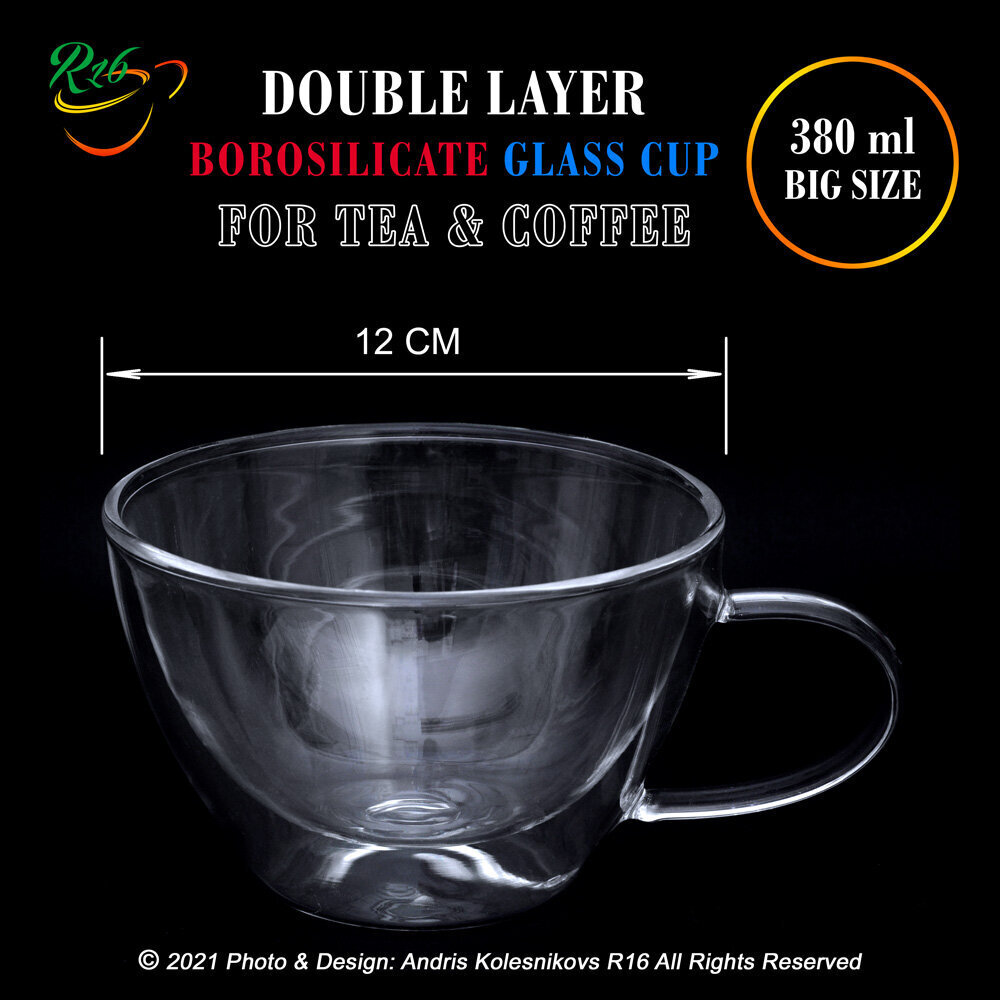 Suur topeltklaasist kruus tee ja kohvi jaoks, Double Layer Borosilicate, 380 ml. hind ja info | Klaasid, tassid ja kannud | kaup24.ee