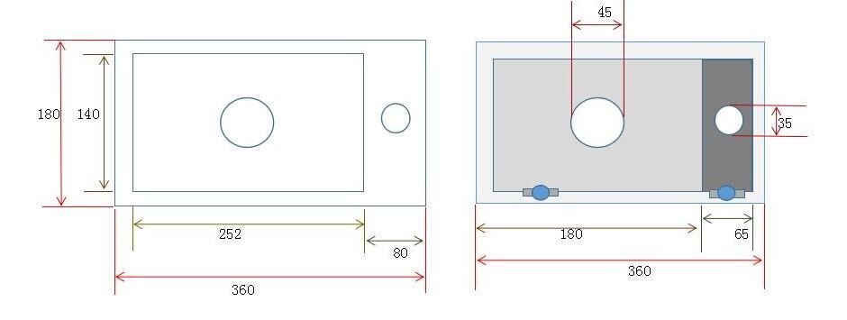 Väike keraamiline ristkülikukujuline kraanikauss 36x18cm XS RHEA, valge, segisti paremal hind ja info | Kraanikausid, valamud | kaup24.ee