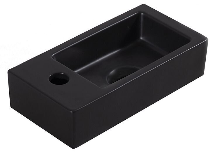 Väike keraamiline ristkülikukujuline kraanikauss 36x18cm XS RHEA, matt must, segisti vasakul hind ja info | Kraanikausid, valamud | kaup24.ee