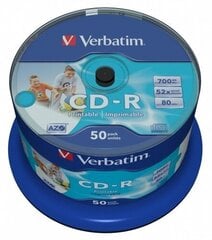 VERBATIM inkjet printable CD-R 80 min. / 700 MB 52x, 50 tk, kompaktplaadid hind ja info | Vinüülplaadid, CD, DVD | kaup24.ee