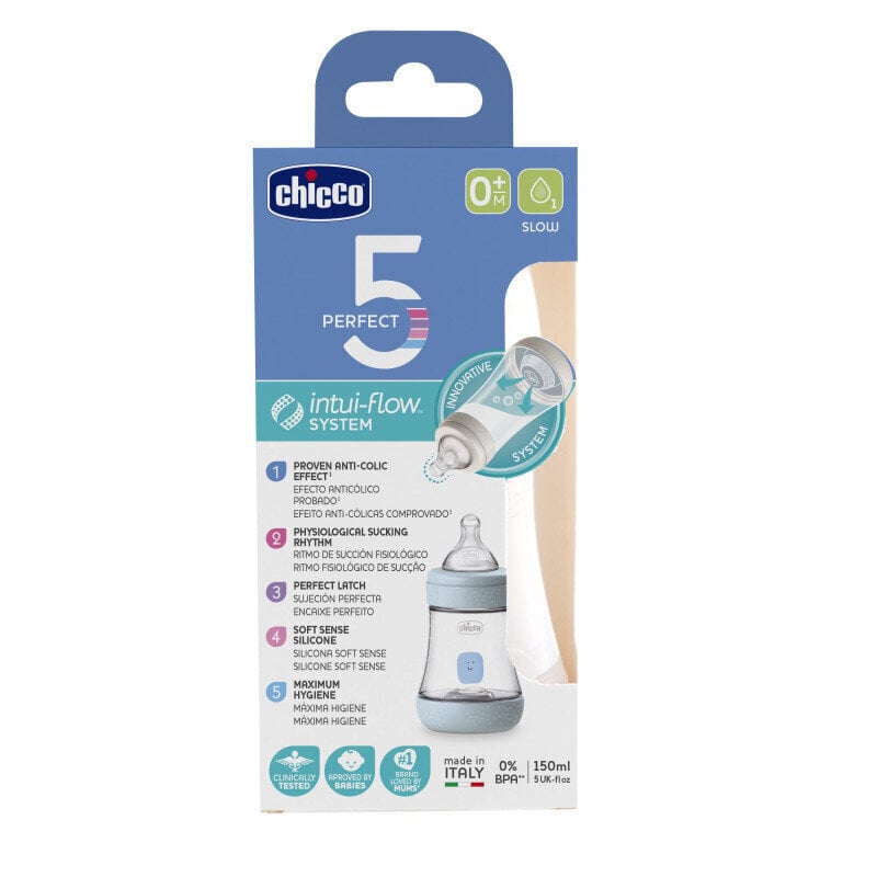 Lutipudel Chicco Perfect-5, sinine, 0+ kuud, 150 ml hind ja info | Lutipudelid ja aksessuaarid | kaup24.ee