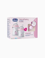 Söötmiskomplekt Chicco Natural Feeling roosa: aeglase vooluga pudel 150 ml, 0+ kuud + pudel keskmise vooluga 250 ml + lutt hind ja info | Lutipudelid ja aksessuaarid | kaup24.ee