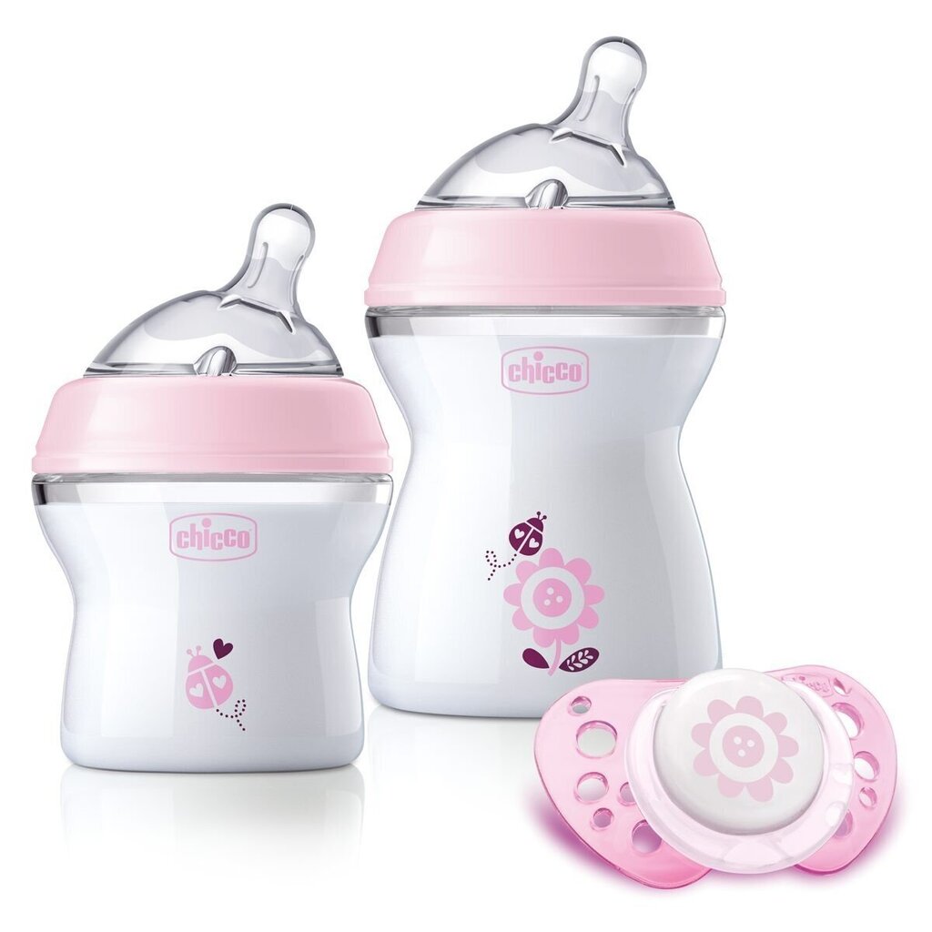 Söötmiskomplekt Chicco Natural Feeling roosa: aeglase vooluga pudel 150 ml, 0+ kuud + pudel keskmise vooluga 250 ml + lutt hind ja info | Lutipudelid ja aksessuaarid | kaup24.ee