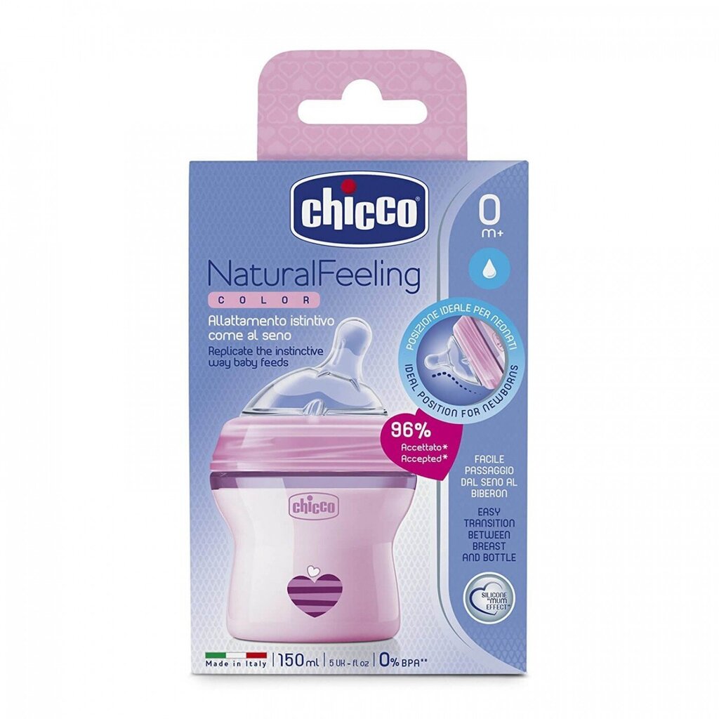 Pudel Chicco Natural Feeling 150 ml, roosa, 0+ elukuud hind ja info | Lutipudelid ja aksessuaarid | kaup24.ee