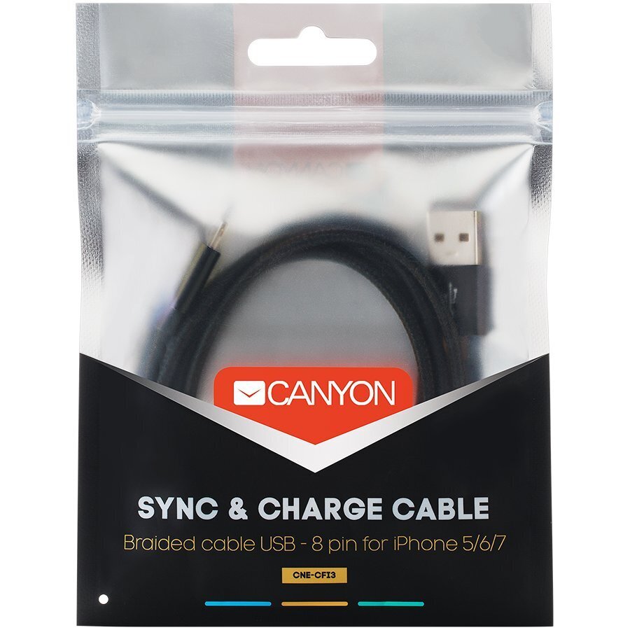 Kaablid Canyon       CFI-3 Lightning USB Cable for Apple braided metalli    Black hind ja info | Kaablid ja juhtmed | kaup24.ee