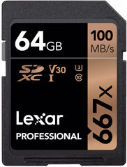 Lexar mälukaart SDXC 64GB Pro 667x U3 V30 100MB/s hind ja info | Lexar Mobiiltelefonid, foto-, videokaamerad | kaup24.ee