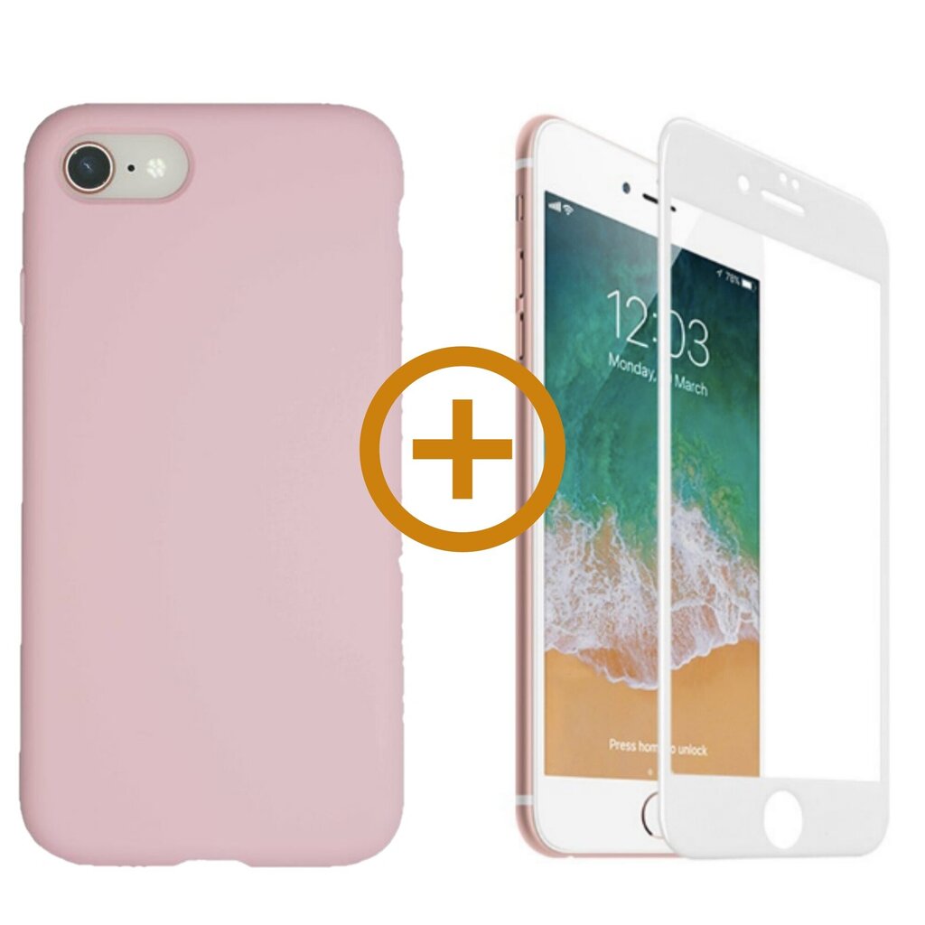 Full protection Set - silikoonist ümbris roosa (pink rose) + ekraani kaitseklaas telefonile iPhone 7/8, valge hind ja info | Telefoni kaaned, ümbrised | kaup24.ee