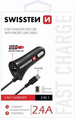 Swissten Премиум Автомобильная зарядка USB + 2.4A + кабель Micro USB  60 cm Черная цена и информация | Зарядные устройства для телефонов | kaup24.ee