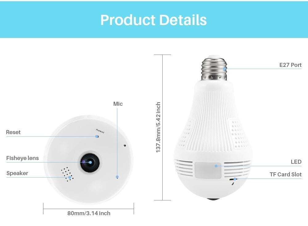 Pirn 360 kaameraga WIFI mikrofoni ja heliga, liikumisanduriga E27 hind ja info | Valvekaamerad | kaup24.ee