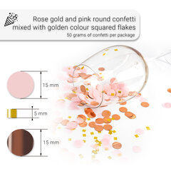 Konfeti dekoor - roosa kuld ringid, kombineeritud kuldse ruudukujulise säraga. Ligikaudu 50 gr hind ja info | Peokaunistused | kaup24.ee