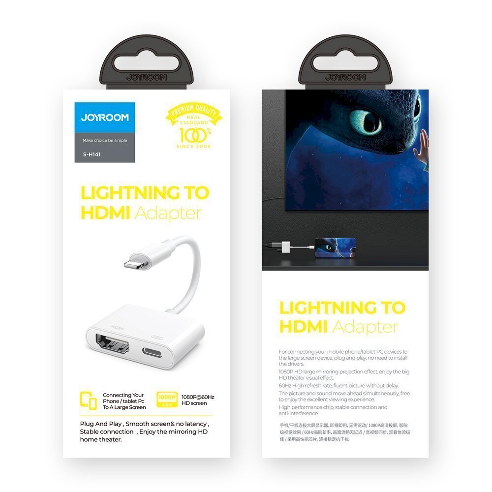 Joyroom Adapter Lightning (Male) to Digital HDMI Adapter (Female) + Lightning (Female) FullHD 1080p 60Hz white (S-H141 white) hind ja info | USB jagajad, adapterid | kaup24.ee