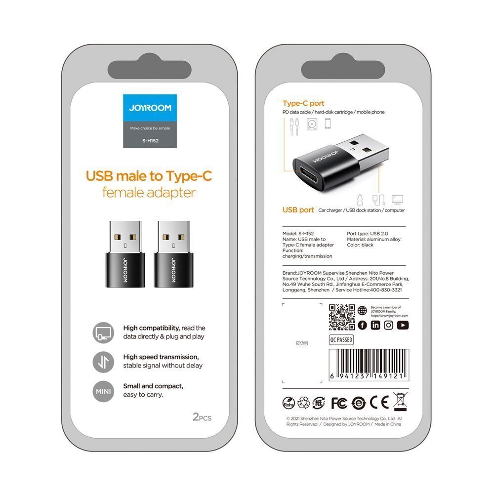 Joyroom S-H152 USB-A - USB-C adapter, 2 tk. hind ja info | Mobiiltelefonide kaablid | kaup24.ee