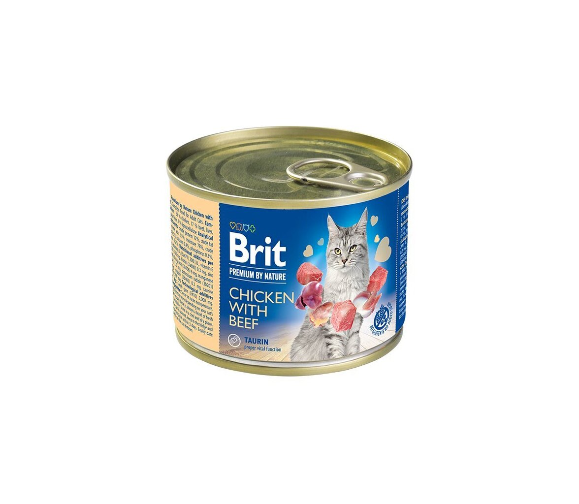 Brit Premium by Nature Chicken with Beef konserv kassidele 200g hind ja info | Konservid kassidele | kaup24.ee