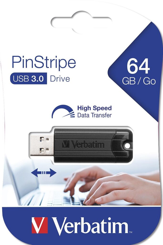 Mälupulk Verbatim - PinStripe USB 3.0 Drive 64 GB, must hind ja info | Mälupulgad | kaup24.ee