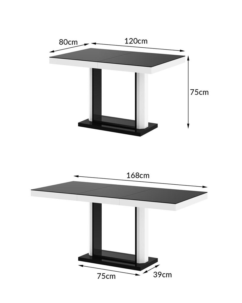Pikendatav söögilaud Quadro120 Czarny Mat Bialy +Czarny Polysk цена и информация | Köögi- ja söögilauad | kaup24.ee