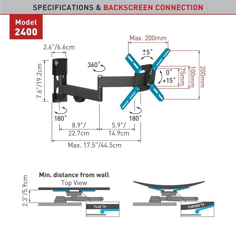 BARKAN 2400.B 13"-43" lame/kumer TV, 4 liigutust, seinad цена и информация | Teleri seinakinnitused ja hoidjad | kaup24.ee