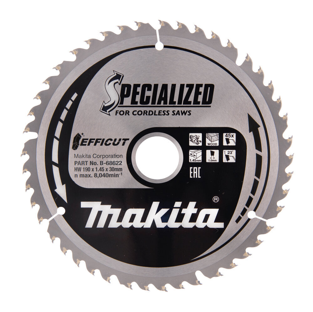 T.C.T saeketas, 190 x 1.45 x 30 mm 23° T45 B-68622 Makita цена и информация | Käsitööriistad | kaup24.ee