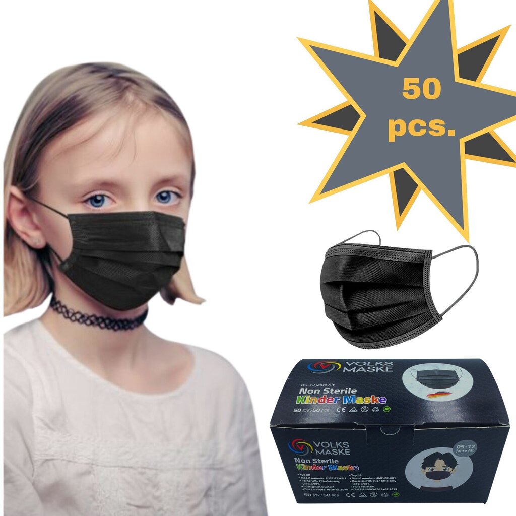 LASTELE Meditsiinilised maskid Type IIR, BFE / VFE 98% Must 50 tk. hind ja info | Esmaabi | kaup24.ee