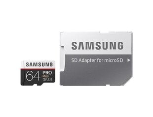 Mälukaart Samsung PRO+ microSDXC 64GB UHS-I U3, kirjutamine 90MB/s, lugemine 100MB/s цена и информация | Карты памяти | kaup24.ee