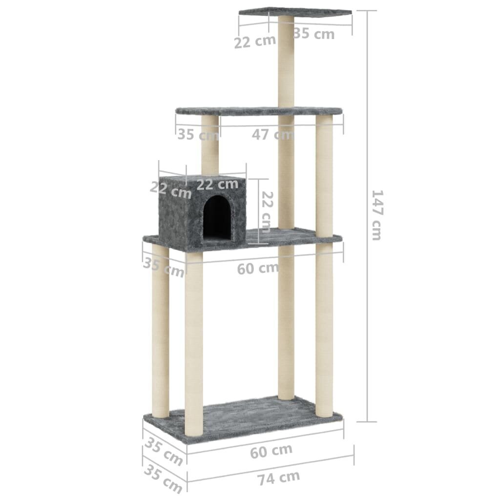 vidaXL Kassikraabits koos sisalalustega, tumehall, 147cm цена и информация | Kassi kraapimispuud | kaup24.ee