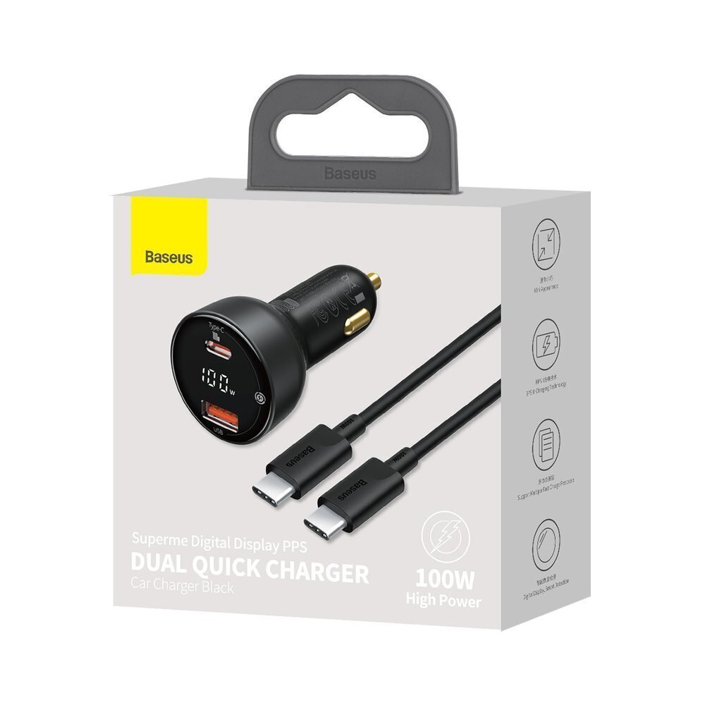 Автомобильное зарядное устройство Baseus Superme Car charger, USB, USB-C,  100W + USB-C cable (black) цена | kaup24.ee