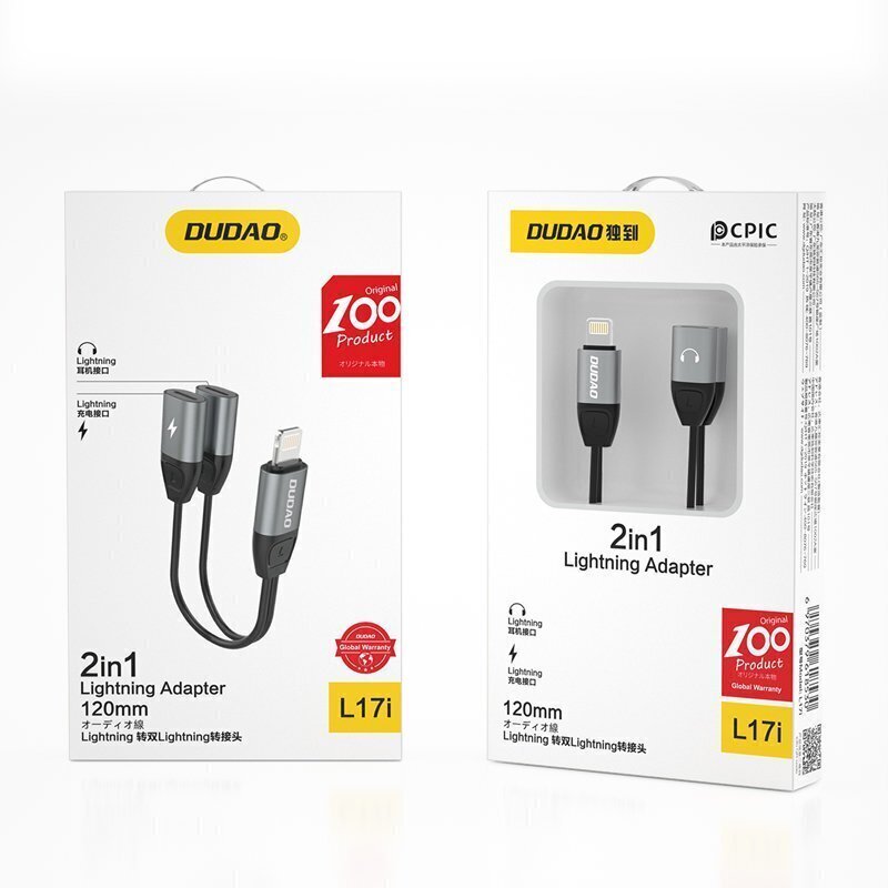 Dudao kõrvaklappide adapter Lightning kuni 2x Lightning adapter muusika ja laadimise jaoks, hall (L17i hall) цена и информация | USB jagajad, adapterid | kaup24.ee