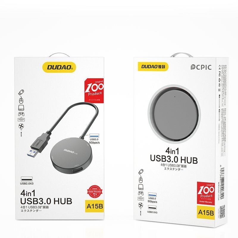 Dudao 4in1 USB – 1x USB 3.2 Gen 1 / 3x USB 2.0 HUB adapteri jaotur + kaabel must (A15B) цена и информация | USB jagajad, adapterid | kaup24.ee