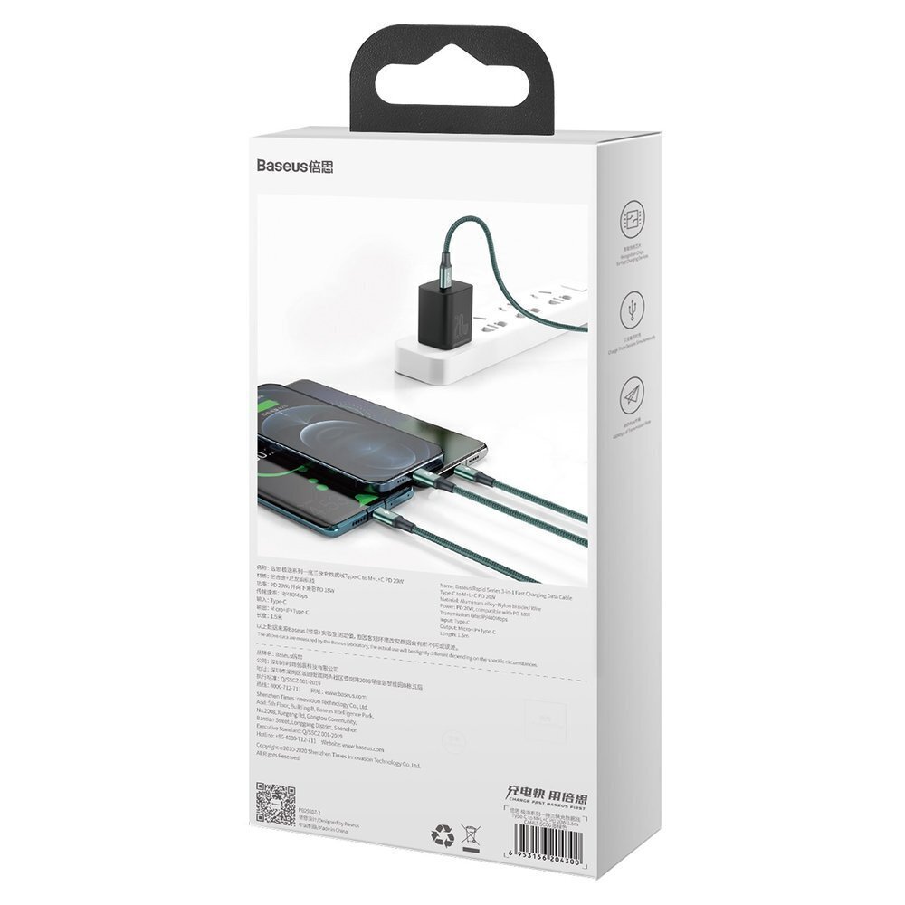 Baseus Rapid 3in1 USB Type C – USB Type C / Lightning / micro USB kaabel 20 W 1,5 m roheline (CAMLT-SC06) цена и информация | Mobiiltelefonide kaablid | kaup24.ee