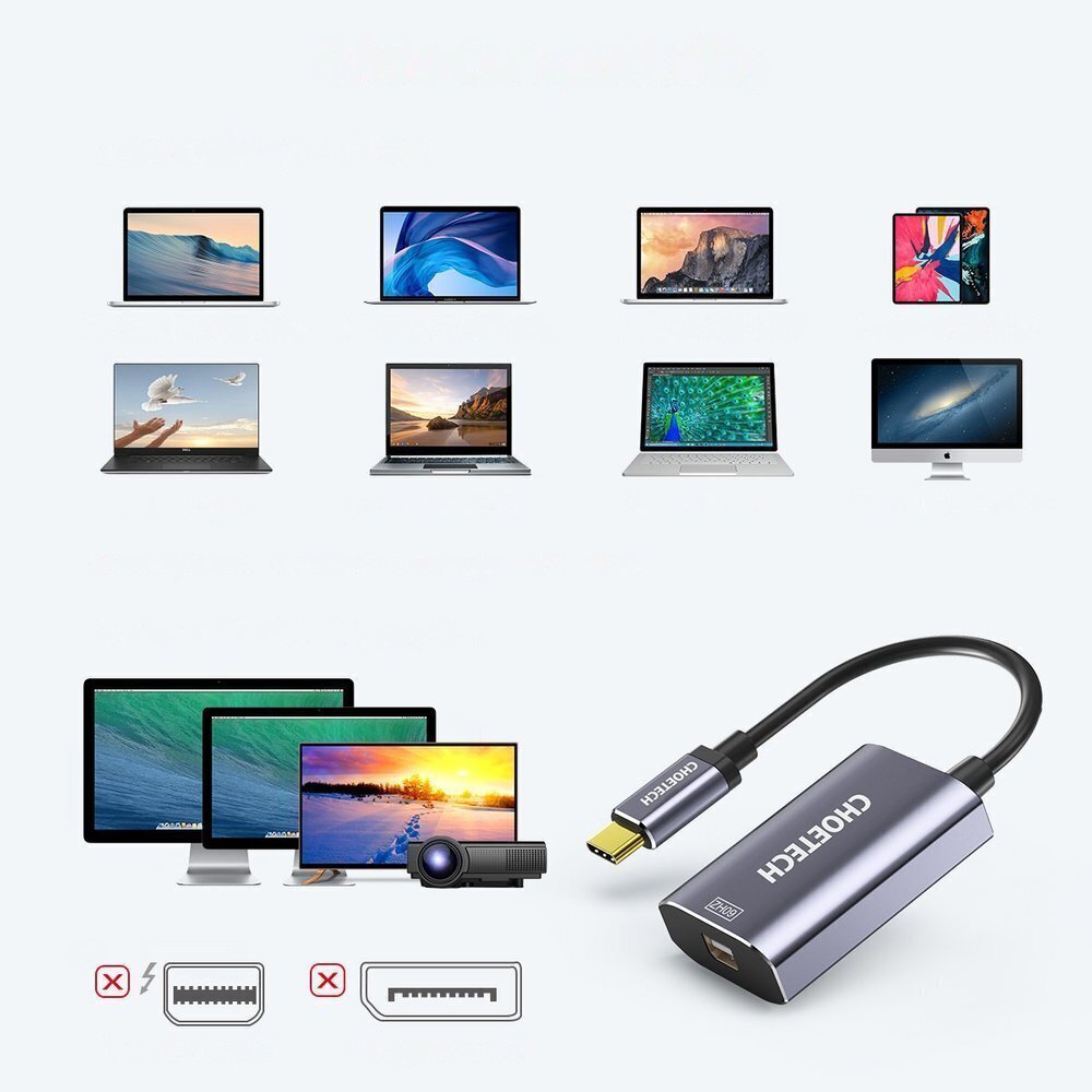 Choetech Unidirectional Cable Adapter from USB Type C to Mini DisplayPort 4K 60Hz gray (HUB-M06) цена и информация | USB jagajad, adapterid | kaup24.ee