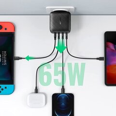 Быстрое настенное зарядное устройство Ugreen PPS 65W USB / 3x USB Type C Quick Charge 3.0 Power Delivery SCP FCP AFC (нитрид галлия), черное (CD224 70774) цена и информация | Зарядные устройства для телефонов | kaup24.ee