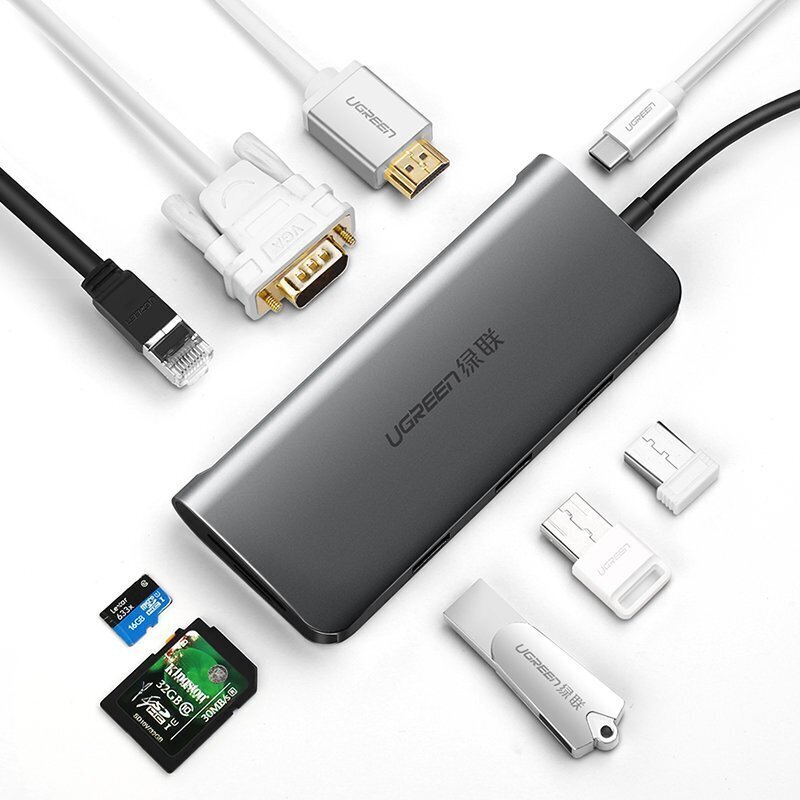 UGREEN 10in1 adapter USB-C to HDMI 4K, 3x USB 3.0, Type-C, RJ45, SD, Micro SD, AUX (hall) цена и информация | Mobiiltelefonide kaablid | kaup24.ee