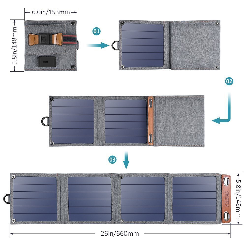 Choetechi kokkupandav reisi päikeseenergia päikeseenergia laadija 14 W USB 5 V / 2,4 A päikesepaneeli hall (SC004) hind ja info | Akupangad | kaup24.ee