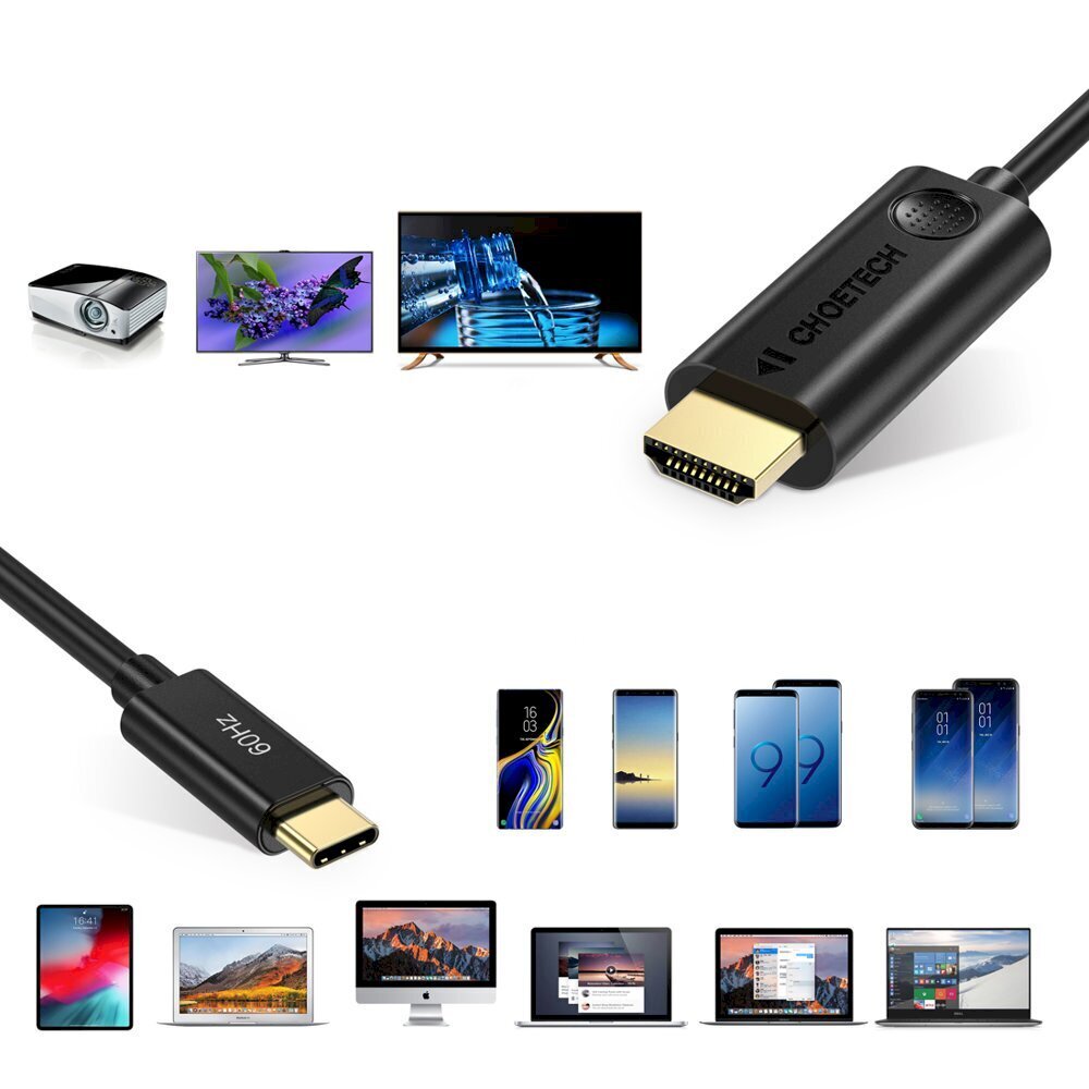 Choetechi ühesuunaline adapterkaabel USB-tüüpi C-adapter (isane) HDMI 2.0-ga (isane) 4K 60 Hz 1,8 m must (CH0019) цена и информация | Mobiiltelefonide kaablid | kaup24.ee