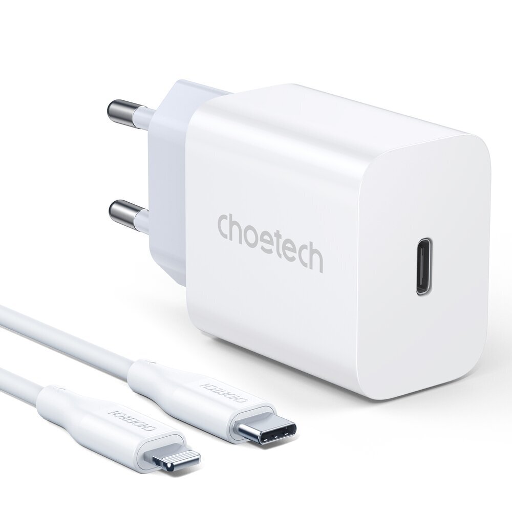 Choetech USB-reisi seinalaadija Type C 20W toiteallikas + USB-kaabel Type C - Lightning 1,2m valge (PD5005) hind ja info | Mobiiltelefonide laadijad | kaup24.ee