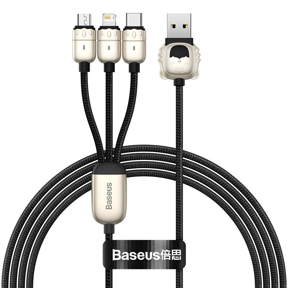 USB-kaabel 3in1 Tigeri baasaasta, USB-mikro-USB / USB-C / Lightning, 3,5A, 1,2m (must) hind ja info | Mobiiltelefonide kaablid | kaup24.ee