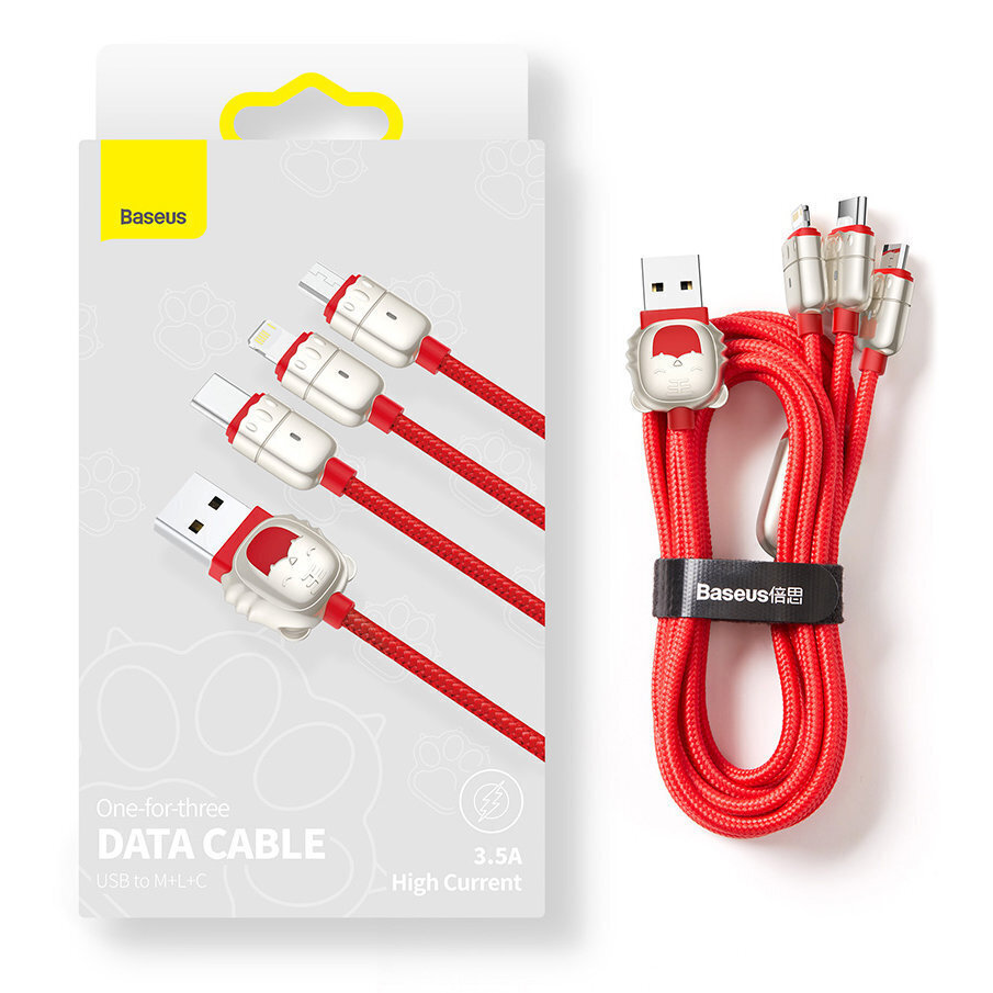 USB-kaabel 3in1 Tigeri baasaasta, USB-mikro-USB / USB-C / Lightning, 3,5A, 1,2m (must) цена и информация | Mobiiltelefonide kaablid | kaup24.ee
