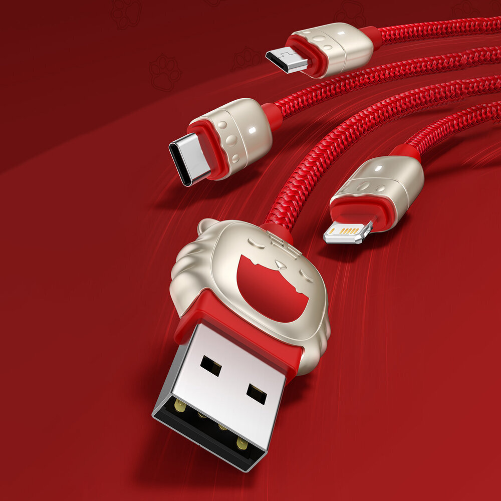 USB-kaabel 3in1 Tigeri baasaasta, USB-mikro-USB / USB-C / Lightning, 3,5A, 1,2m (punane) цена и информация | Mobiiltelefonide kaablid | kaup24.ee