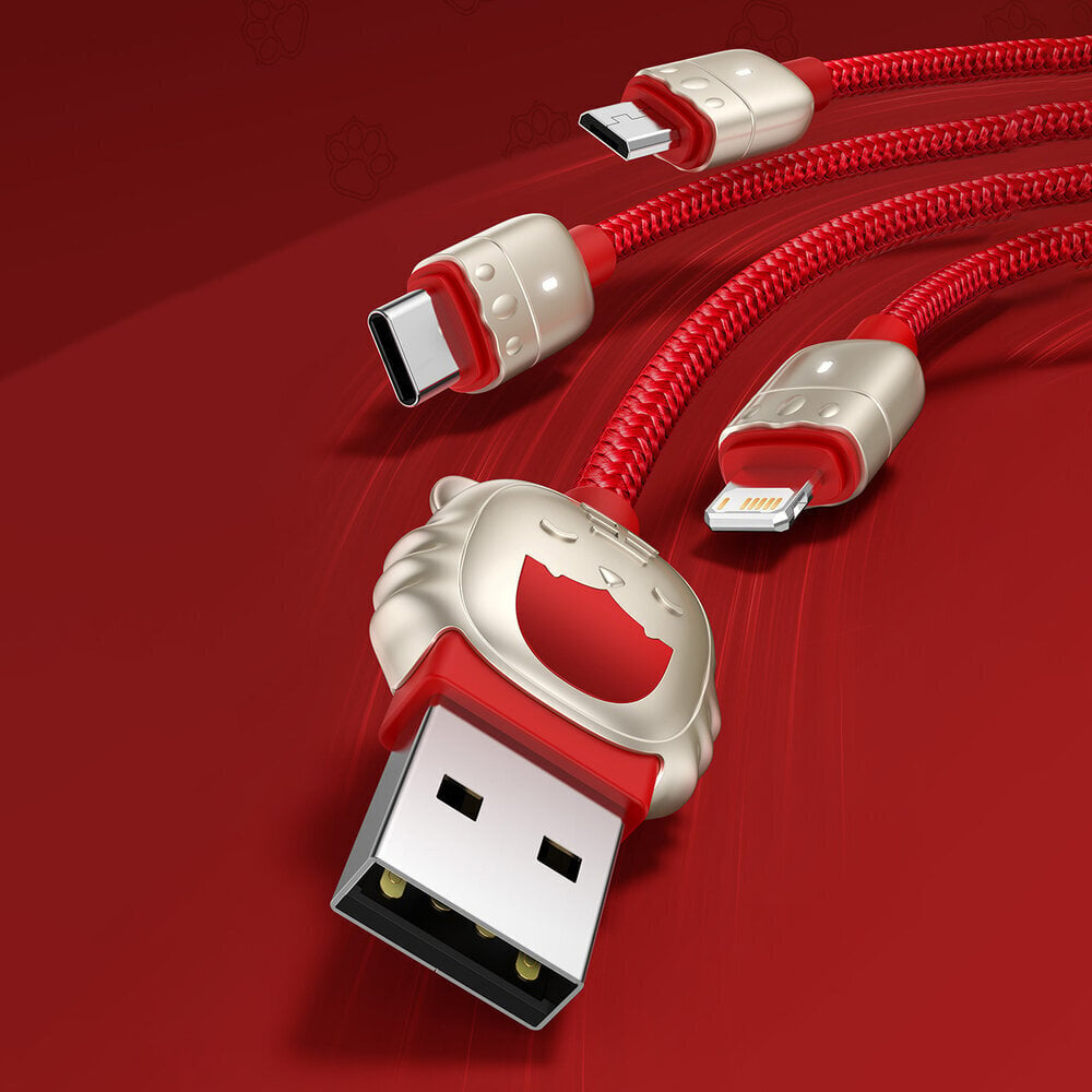 USB-kaabel 3in1 Tigeri baasaasta, USB-mikro-USB / USB-C / Lightning, 3,5A, 1,2m (punane) hind ja info | Mobiiltelefonide kaablid | kaup24.ee