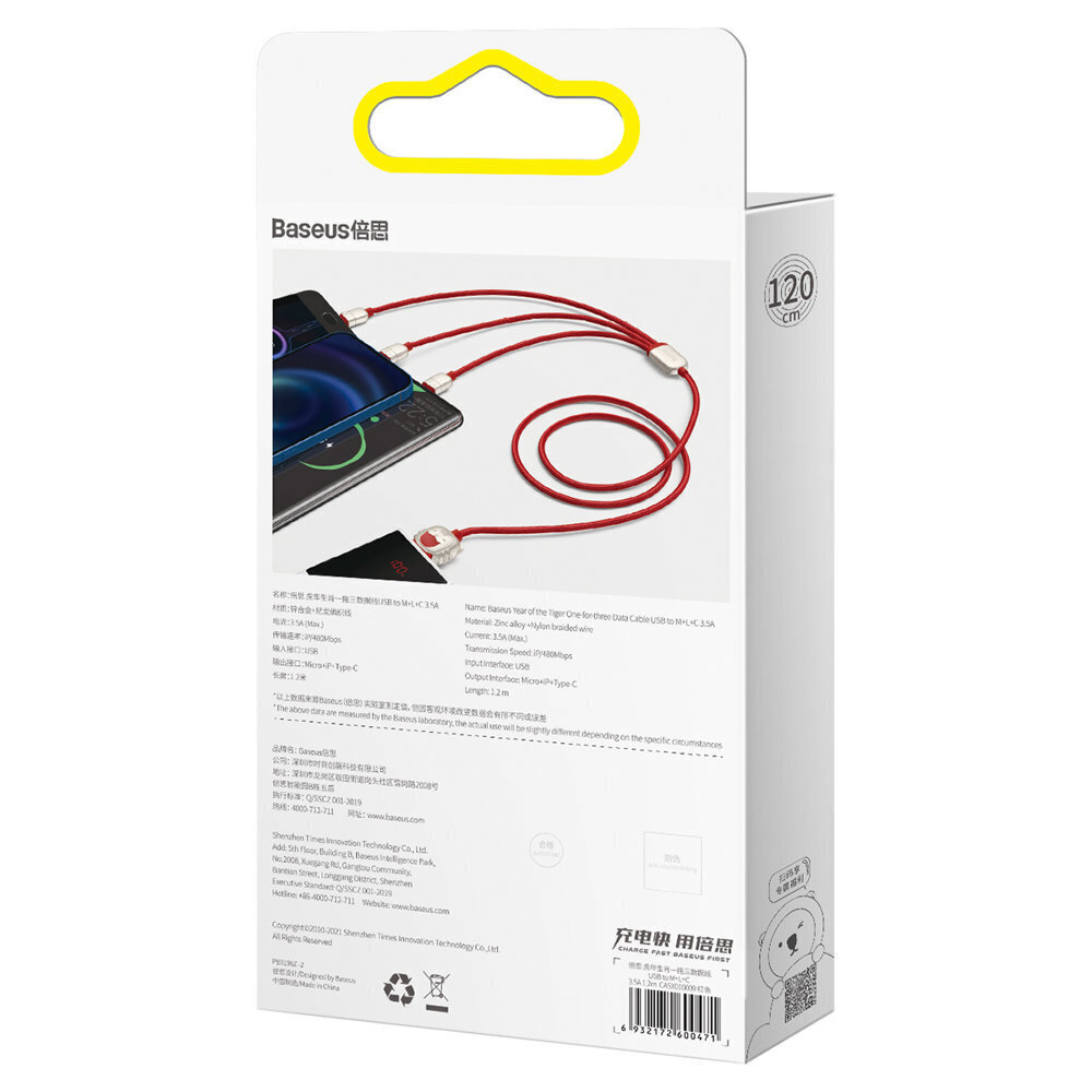 USB-kaabel 3in1 Tigeri baasaasta, USB-mikro-USB / USB-C / Lightning, 3,5A, 1,2m (punane) hind ja info | Mobiiltelefonide kaablid | kaup24.ee