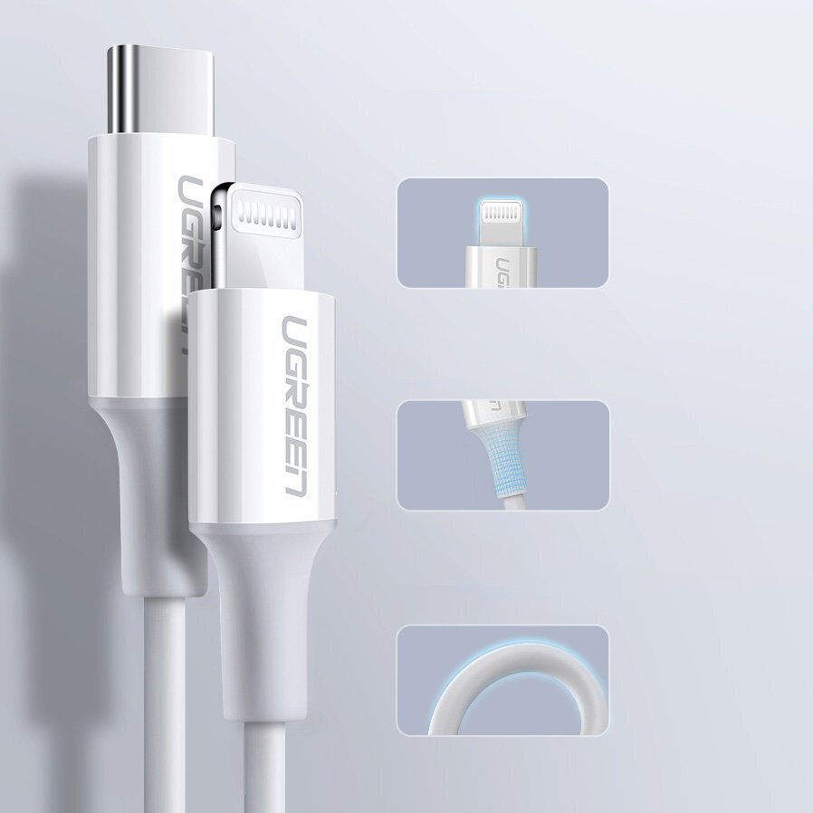 Ugreen USB Type C – Lightning kaabel 3A 0,25m valge (US171) hind ja info | Mobiiltelefonide kaablid | kaup24.ee