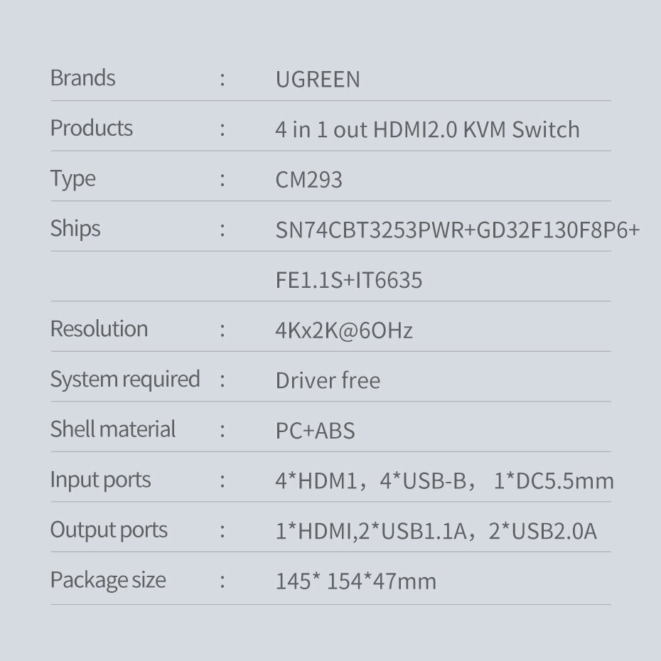 Ugreen KVM (klaviatuuri videohiir) lüliti 4 x 1 HDMI (emane) 4 x USB (emane) 4 x USB Type B (emane) must (CM293) hind ja info | USB jagajad, adapterid | kaup24.ee