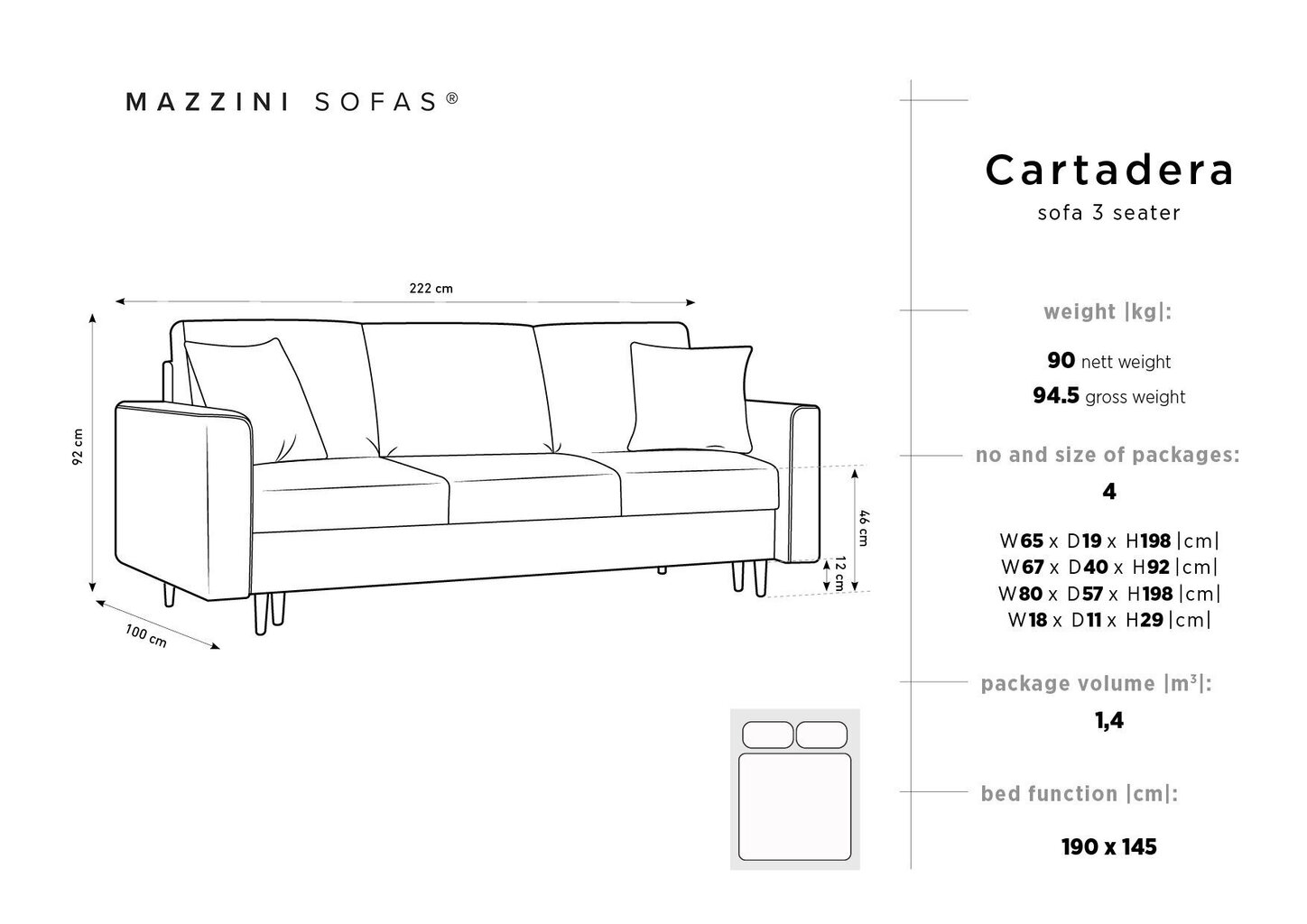 Kolmekohaline diivan Mazzini Sofas Cartadera, must hind ja info | Diivanid ja diivanvoodid | kaup24.ee