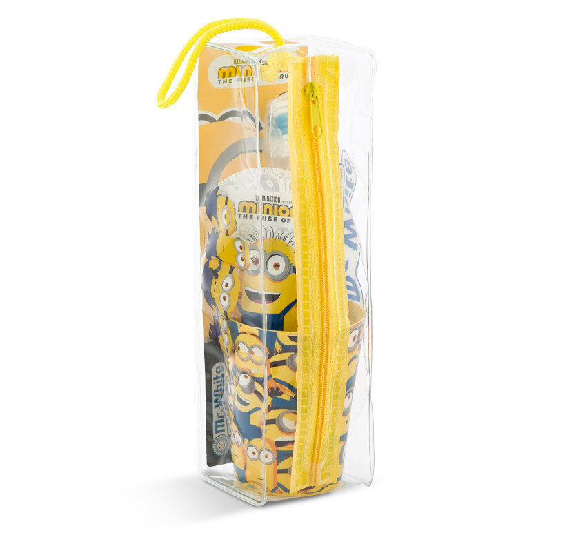 Reisikomplekt lastele Dr. White Minions: hambapasta, 75 ml. + hambahari, 1 tk. + klaas, 1 tk. + kosmeetikakott, 1 tk. hind ja info | Suuhügieen | kaup24.ee